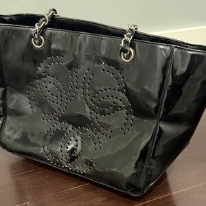 CHANEL Black Glossy Perforated CC Tote with Silver Chain Handles